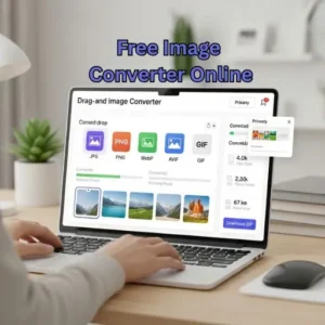 Free Image Converter Online -Blimic A user dragging images into a Free Image Converter Online tool interface on a desktop screen, representing online image format conversion.